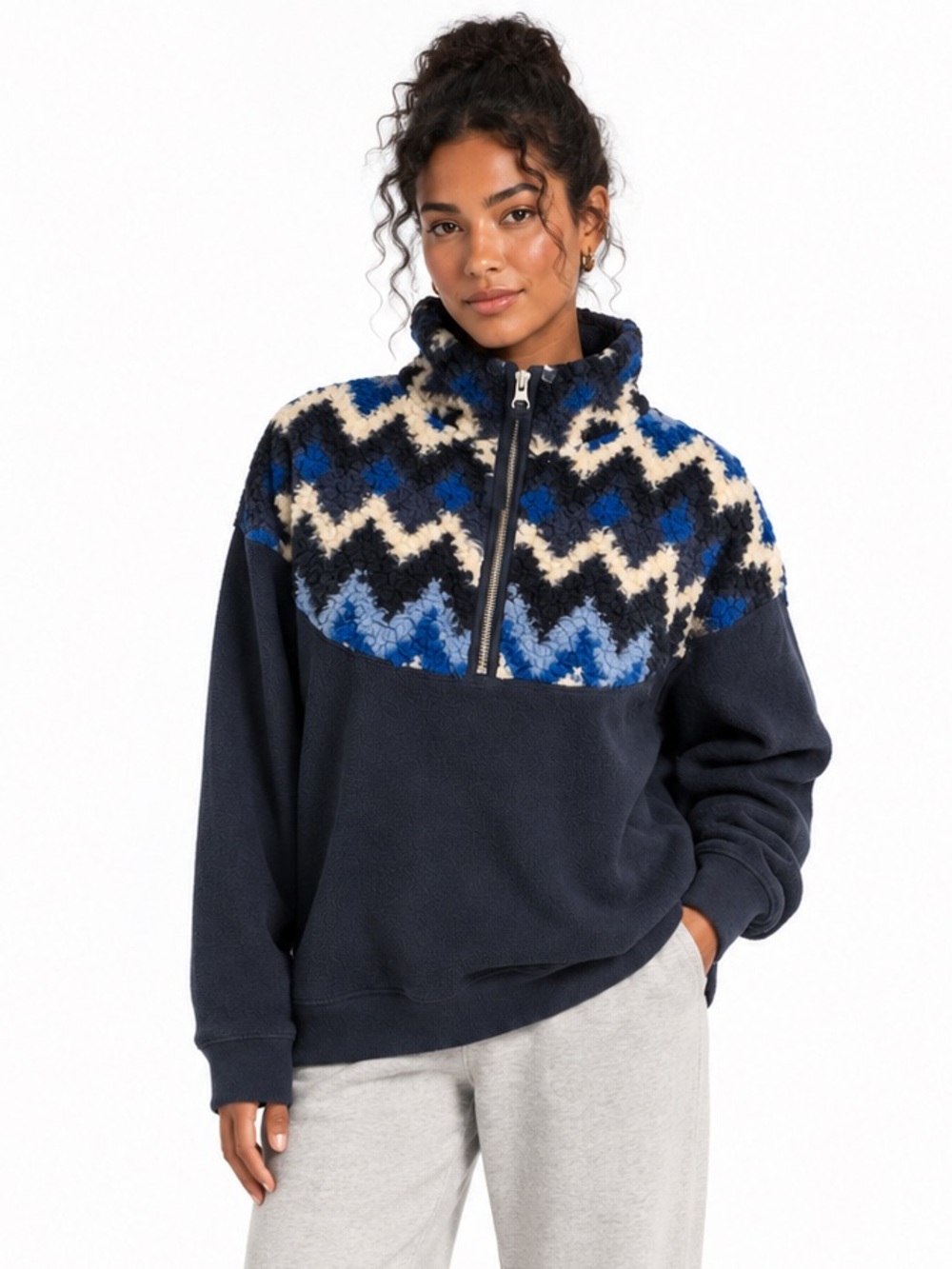Aerie Blue Geometric Sherpa Fleece Quarter Zip Pullover XS BNWT